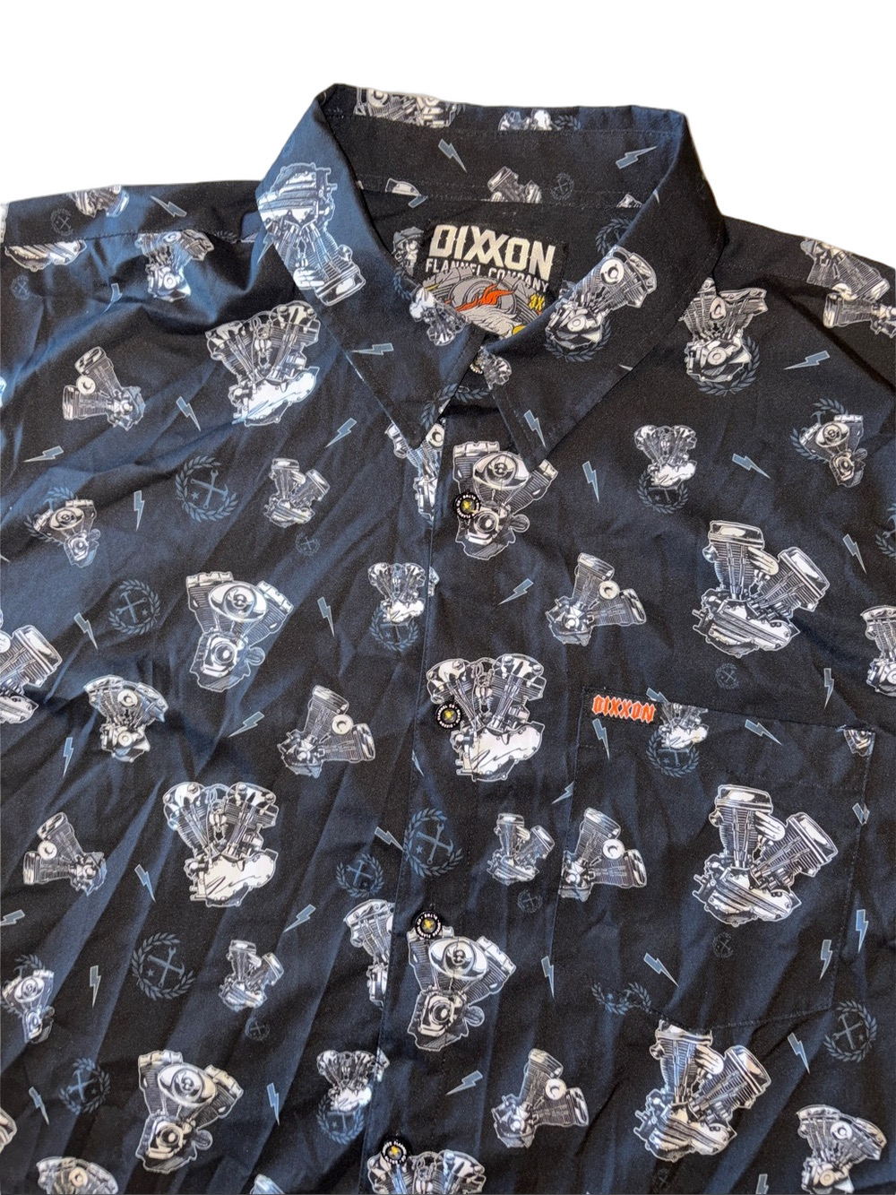 Dixxon Mens 3X The Mild Engine Print Button Up Shirt Black Short Sleeve Shirt